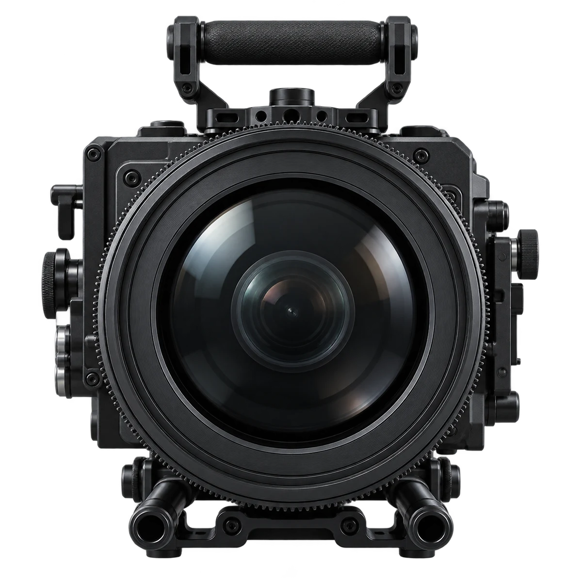 Professional cinema camera viewed directly into its lens